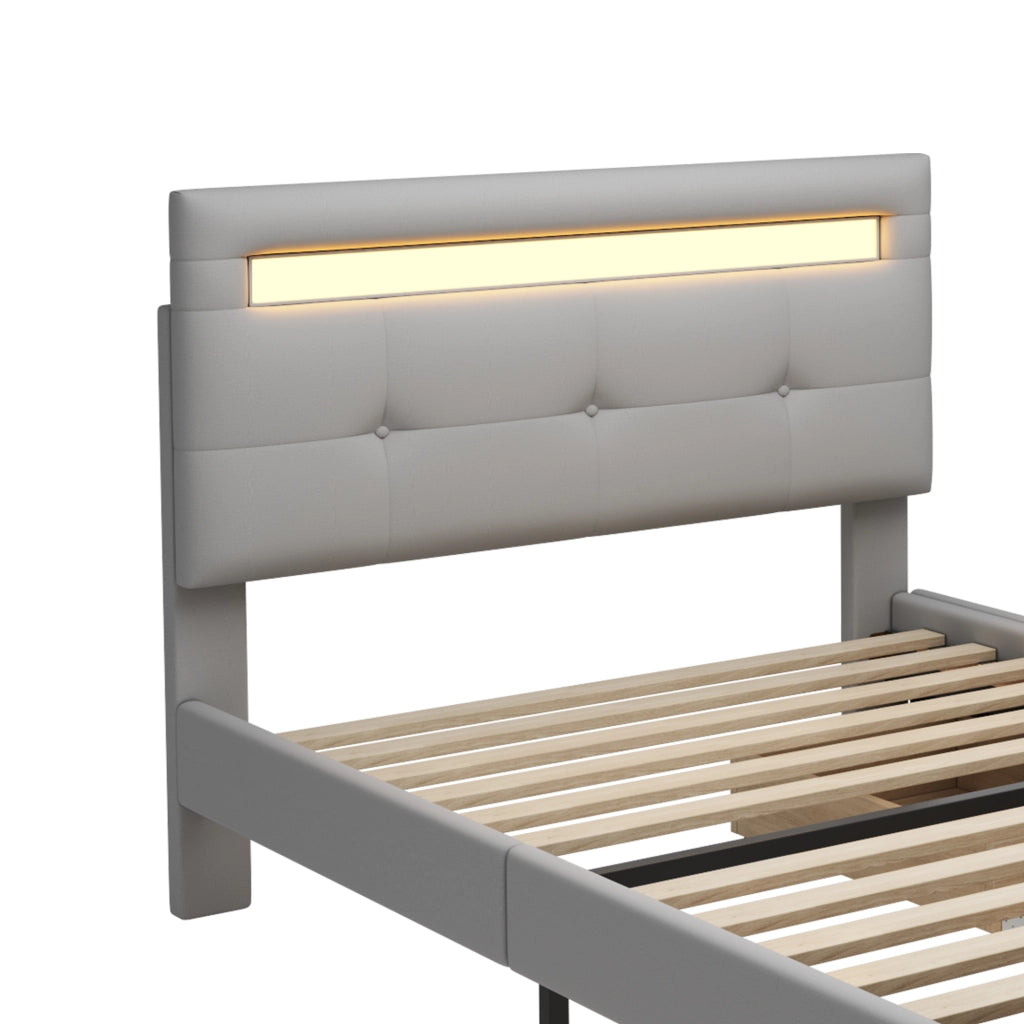 LETTO 90x200 cm con LED e 2 cassetti in tessuto grigio