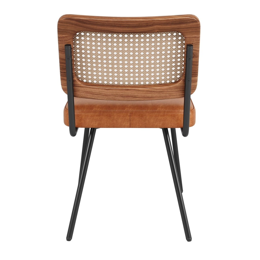 Sedia da pranzo ergonomica in PU e rattan con gambe in metallo, marrone