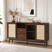 Sideboard con 3 ante scorrevoli in rattan e 2 cassetti; 155x38x80 cm; effetto legno