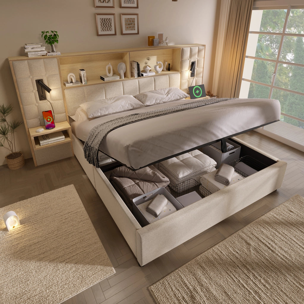 DESMIU Lit coffre 180 × 200 cm 2 posti con lampade da lettura, USB e Type-C, senza materasso, beige