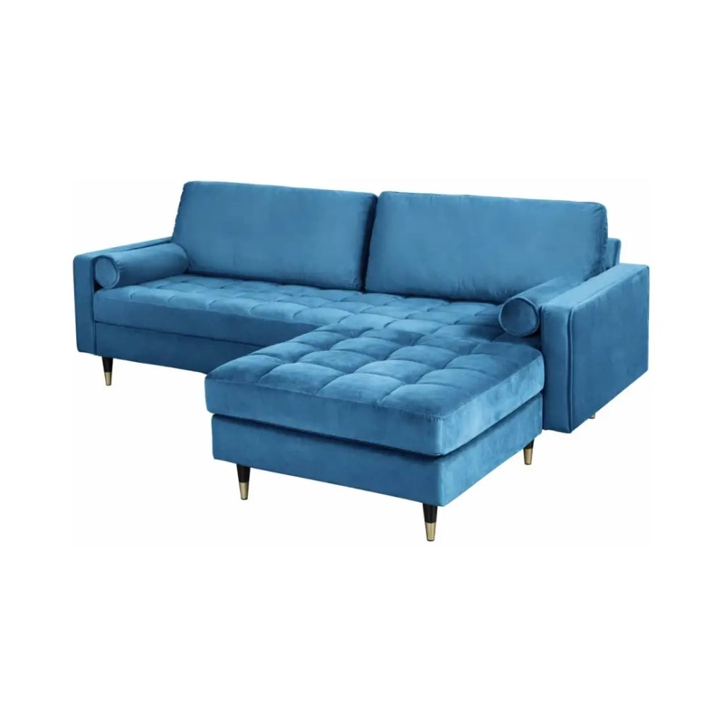 Divano ad angolo reversibile KOLIRI blu – Divano di design in velluto con pouf abbinato