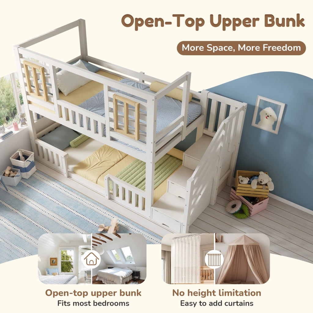 DESMIU Letto a castello per bambini 90 × 200 cm con scala-armadio, finestre in legno e senza materasso