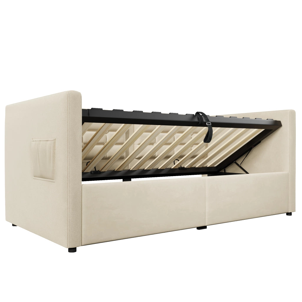 Letto a Divanetto 90 x 200 cm; Letto Singolo - Contenitore; USB e Type-C - Beige