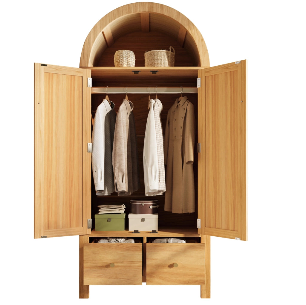 Armadio con 2 cassetti; vano aperto semicircolare e barra appendiabiti; MDF e metallo; effetto rovere; 181 x 78 x 45 cm