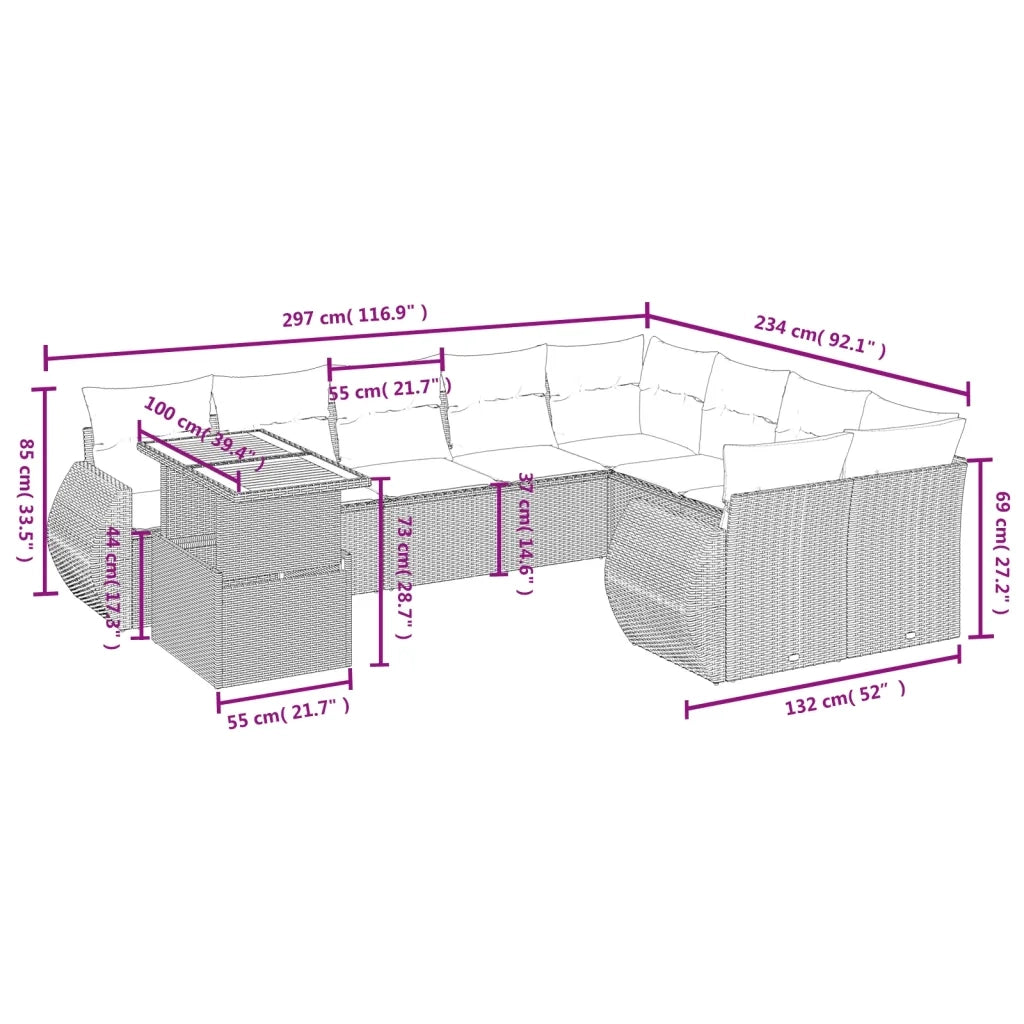 Set Divani da Giardino 10pz con Cuscini in Polyrattan Nero