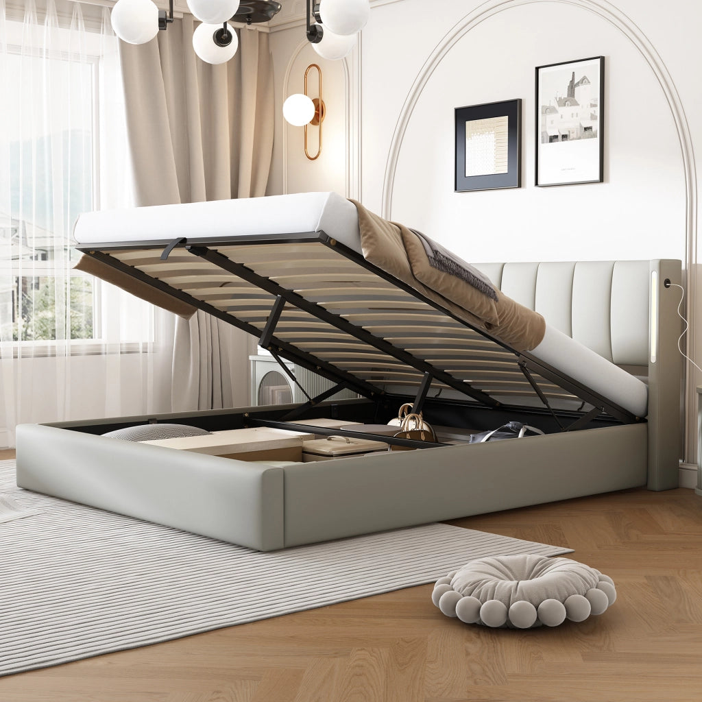 LETTO 140x190 cm in PU Grigio con LED, USB e rete a doghe