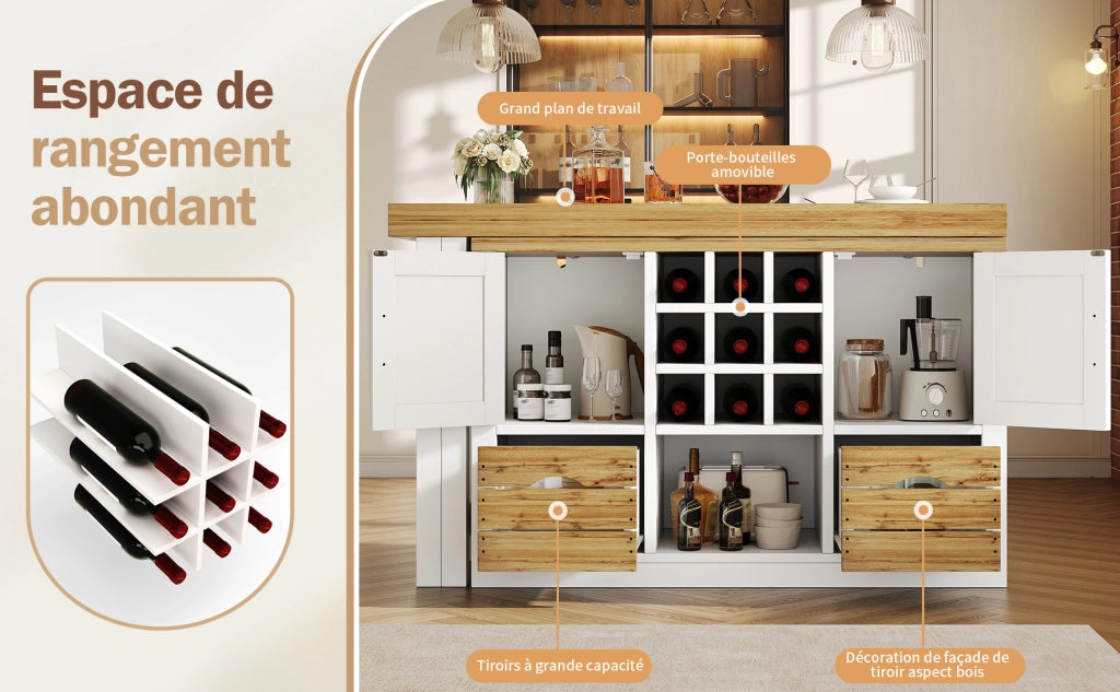 Tavolo da pranzo allungabile con sideboard, piano girevole a 360°, MDF, bianco