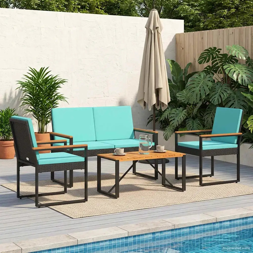 Set di Mobili da Esterno 4 pcs Nero e Turchese polyrattan 42025329