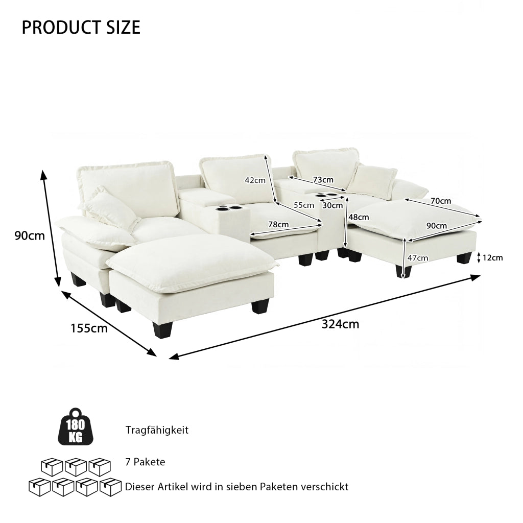 Divano Modulare a U con Ottomane, Contenitore e Portabicchieri ¨C Xylo ¨C Chenille Beige