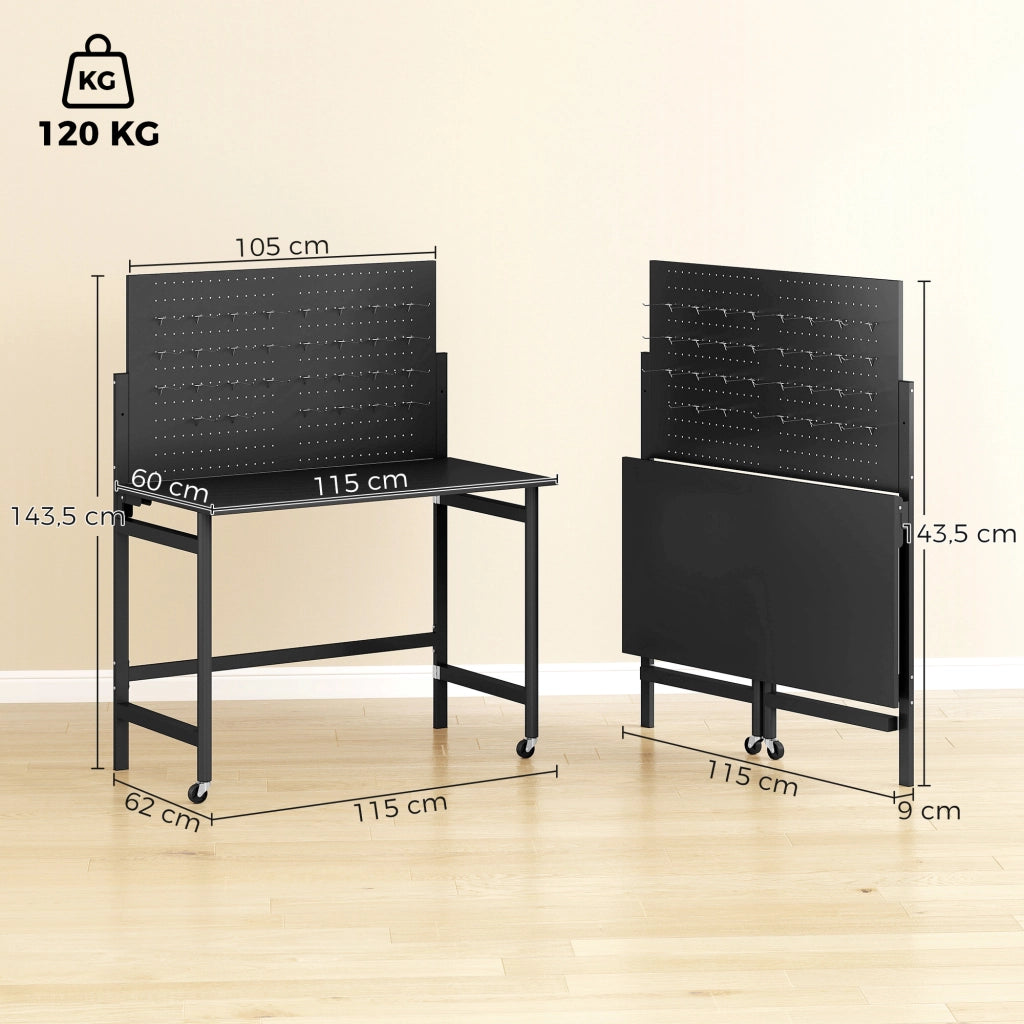 Banco da lavoro mobile pieghevole con pannello forato ¨C Minimal ¨C Nero, acciaio, 120x60x90 cm
