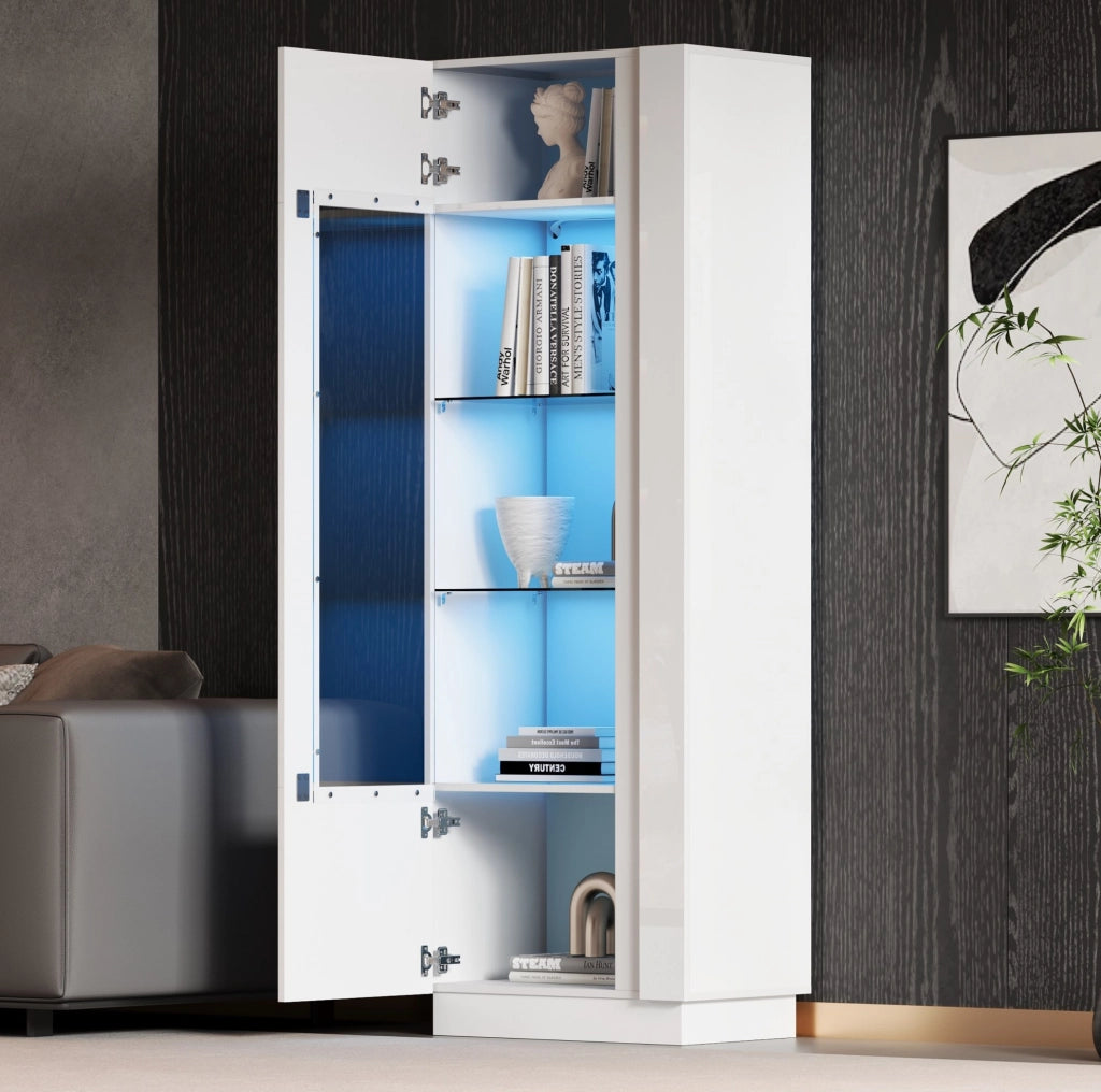 Vetrina 60x40x180 cm con LED e porta in acrilico; truciolare e vetro temperato bianco