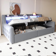 Divano letto imbottito 90x200 cm in velluto grigio chiaro con contenitore; LED e prese