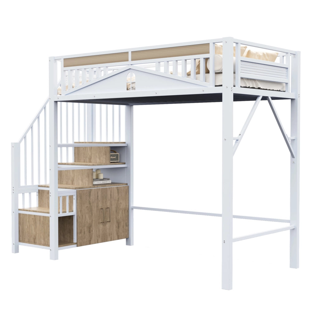 Letto a soppalco 90x200 cm in metallo con scala contenitore e armadietto