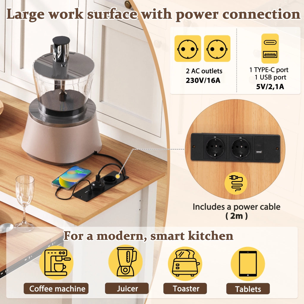 Desserte da cucina mobile con piano estraibile; vano aperto e scomparto per rifiuti per cucina; bianco; 120 × 40-75 × 92 cm
