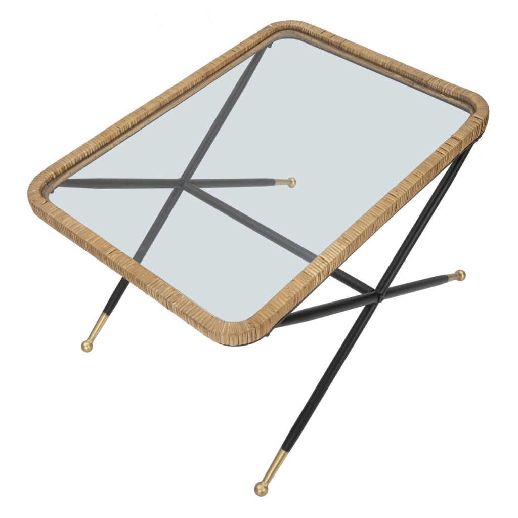 Tavolino da caffè Saint Barth rettangolare con vetro, ferro e rattan — 70x50x45 cm