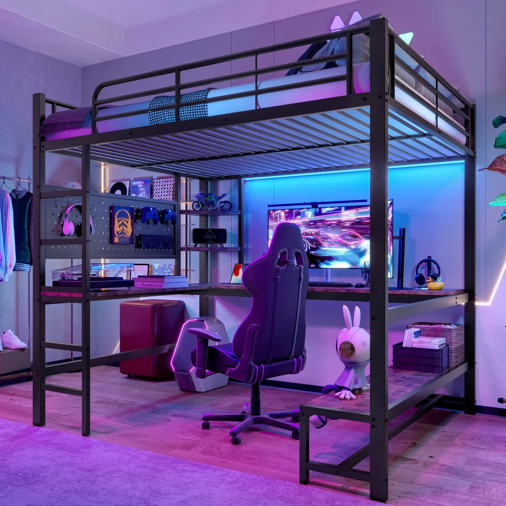 LETTO A CASTELLO con scrivania, LED e presa USB-C 140 x 200 cm nero
