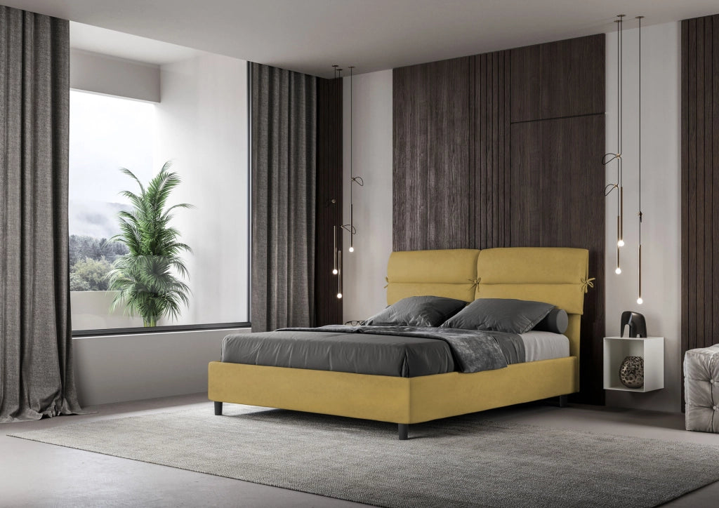 BS COM Letto matrimoniale con rete imbottito 160x190 microfibra ocra