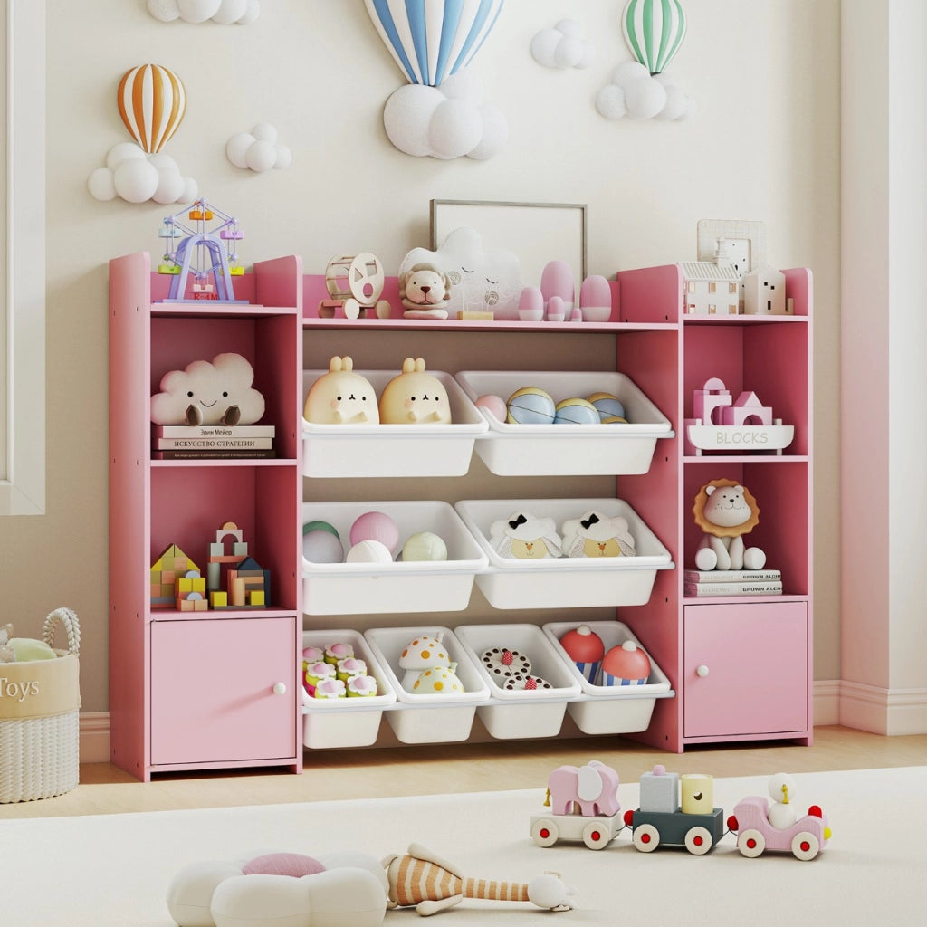 Organizer di stoccaggio grande con 8 cestini removibili per giochi, Organizer armadio di stoccaggio per cameretta e camera Rosa