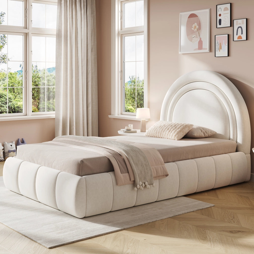 Letto contenitore per bambini 90×200 cm; letto singolo con apertura idraulica e testiera imbottita; senza materasso; beige