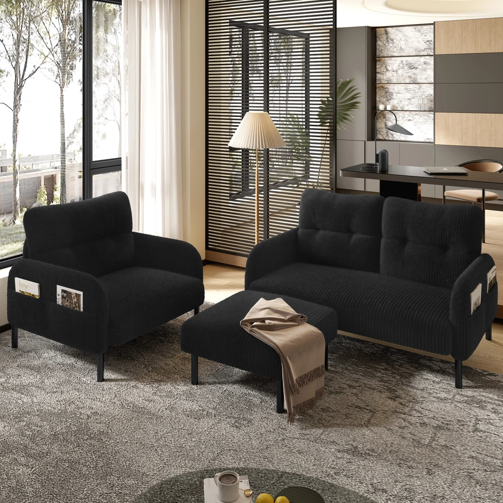 Set divano 3 pezzi in corda nero con divano 2 posti, poltrona e pouf, tasca laterale