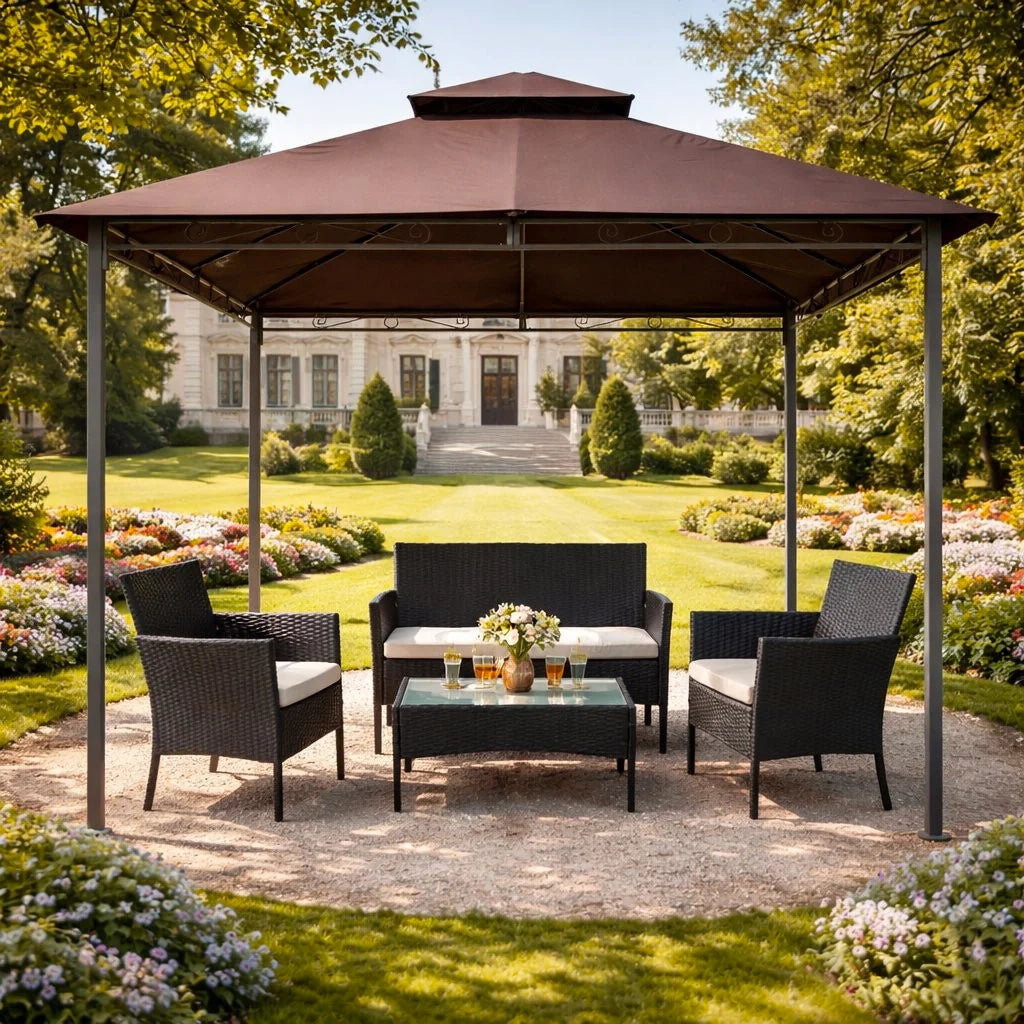 Set salotto da giardino Nivo in rattan sintetico, divano + 2 poltrone + tavolino con top in vetro