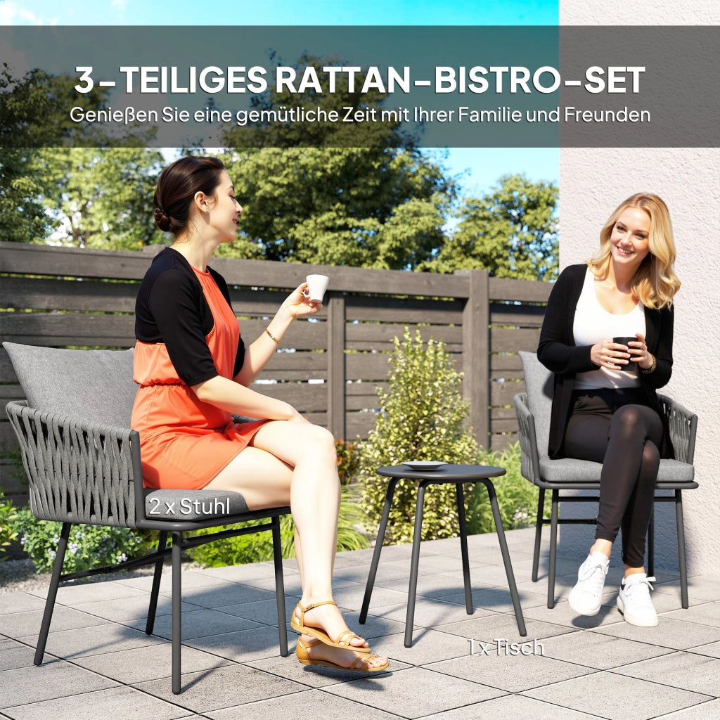 Set bistrot giardino 3 pezzi con cuscini ¨C Xylo ¨C 2 sedie + 1 tavolo, rattan, telaio acciaio, grigio