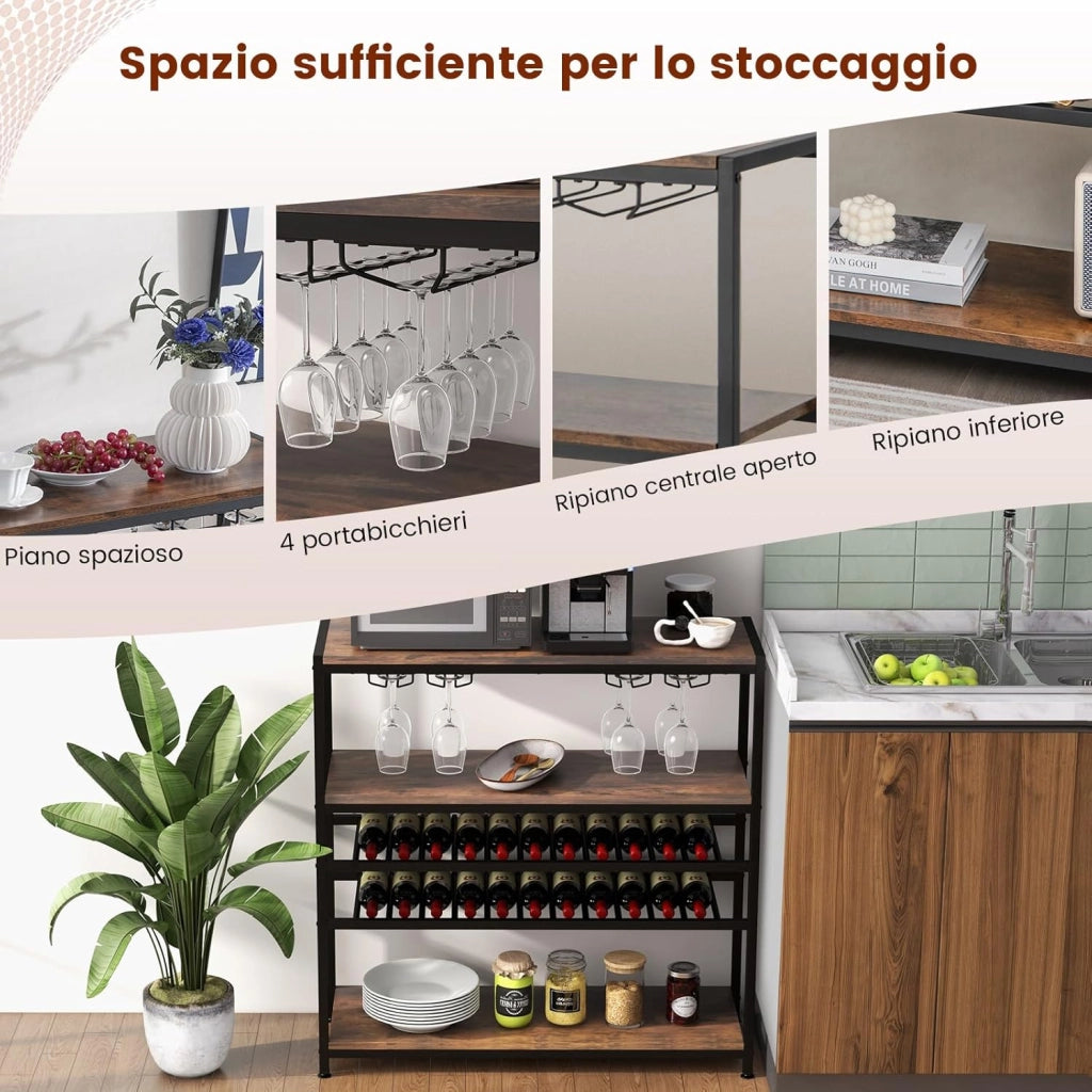 Mobile Portabottiglie a 5 Livelli, Portabottiglie per Vino da Terra con 2 Ripiani Porta Vini, 4 Porta Calici Piano Spazioso e Ripiani Aperti, per Cantine, Sala da pranzo, Cucina