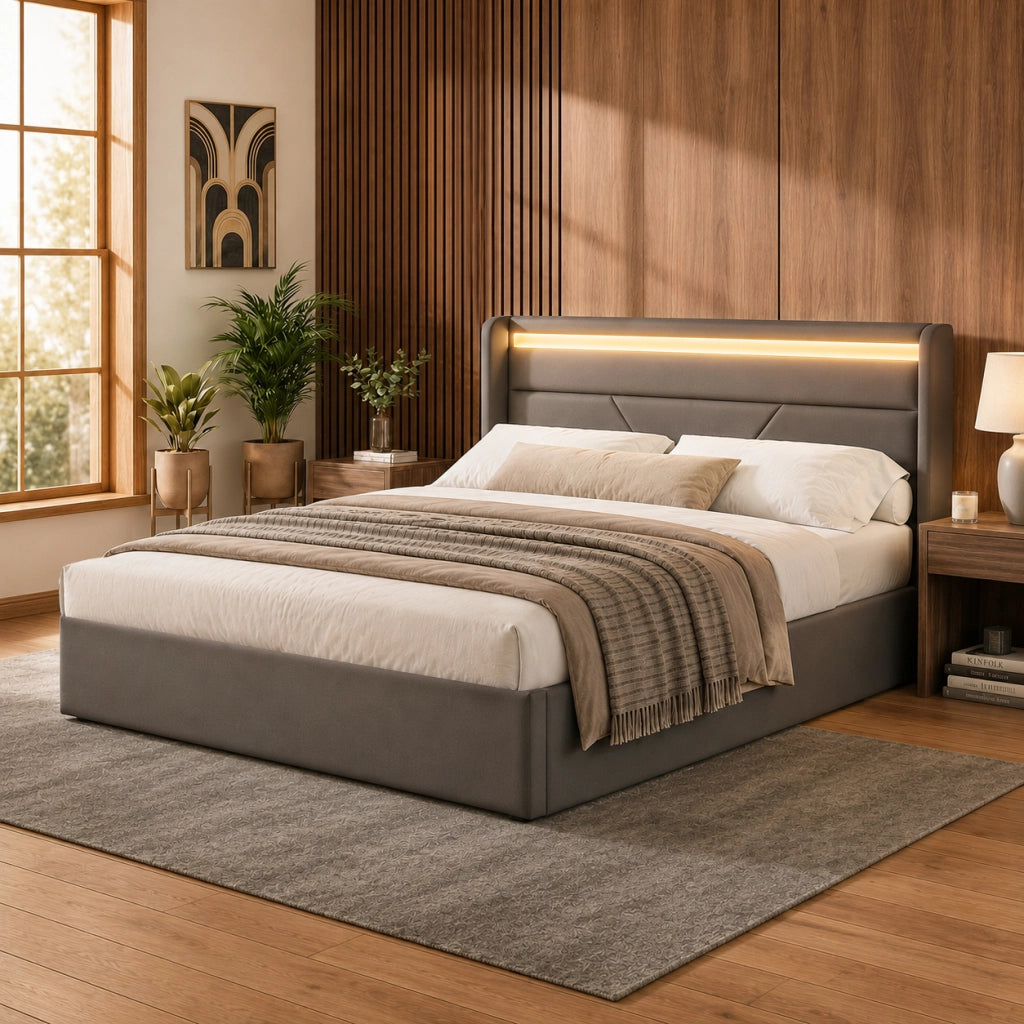 DESMIU Letto contenitore 140 × 200 cm 2 posti con LED regolabile e vano contenitore idraulico, senza materasso, in PU, grigio