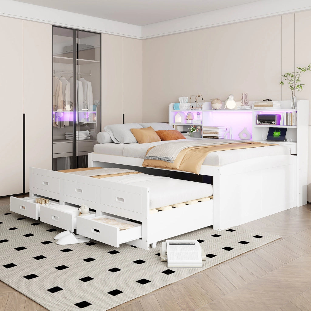 LETTO estraibile 140x200 cm Bianco con LED, 3 cassetti