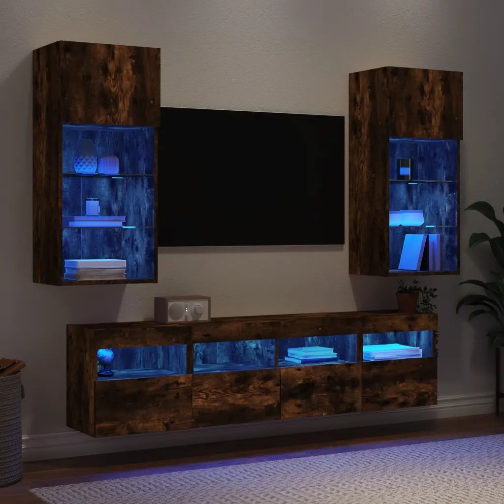 Mobili TV a Muro con LED 5pz | Armadietto TV | Mobile Porta TV Rovere Fumo in Legno Multistrato