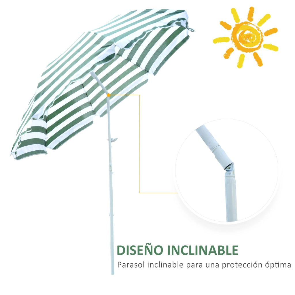 Ombrellone da Spiaggia ¨C Xylo ¨C ?180 cm Verde e Bianco con Palo in Metallo Inclinabile
