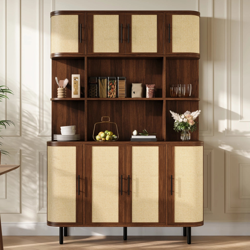 Credenza e madia con 8 ante, frontali a intreccio e piedi in ferro per soggiorno, in MDF noce, 120 × 20 × 180 cm