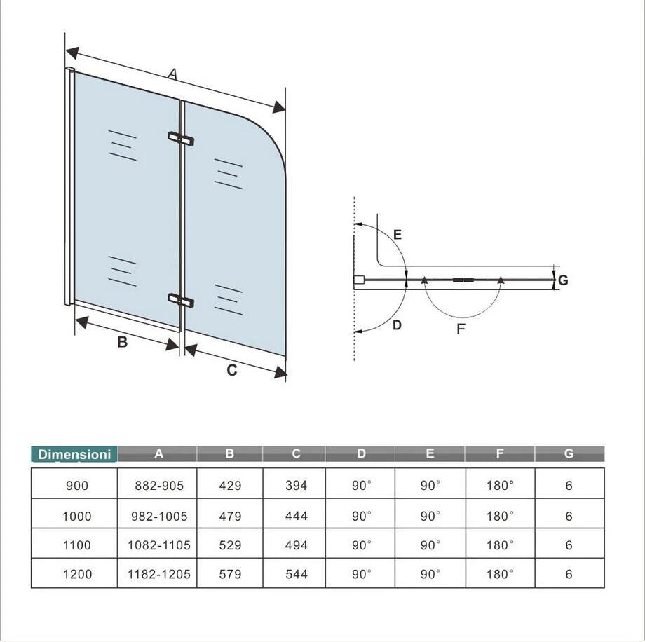H.140 cm Sopravasca da Bagno da 100 cm Doccia Due Ante Pieghevoli a Libro Vetro Temperato 6 mm Anticalcare Telaio Cromato Lucido