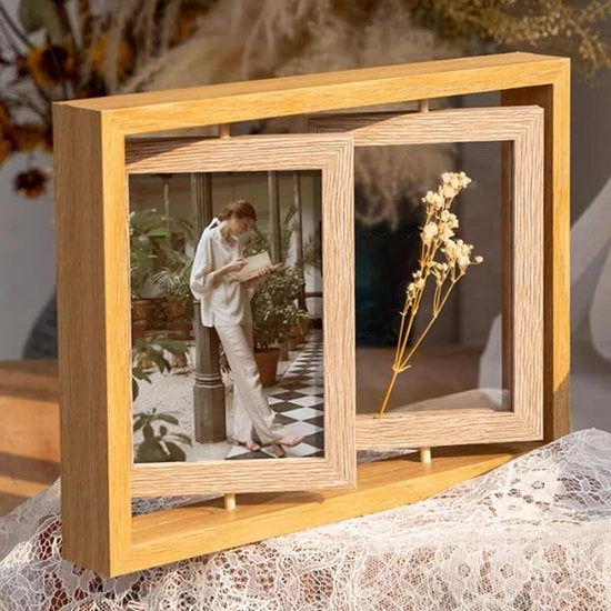 Collage Fotolijst a Doppia Faccia, Fotolijst Rotativa in Vetro e Legno, Orizzontale/Verticale, 4 Posizioni per Foto, Ideale per Ufficio, Casa e Decorazione