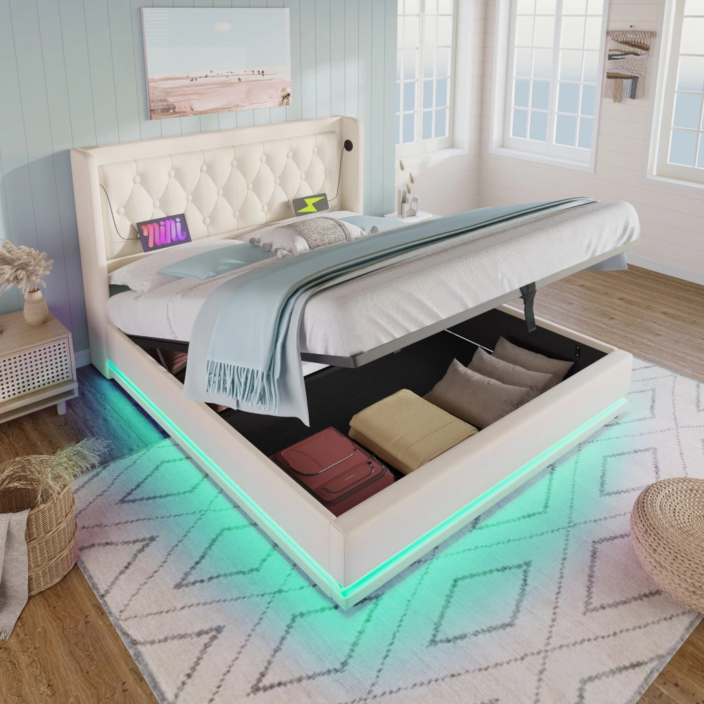 LETTO Contenitore 160x200 cm in PU Bianco con USB Type-C e LED