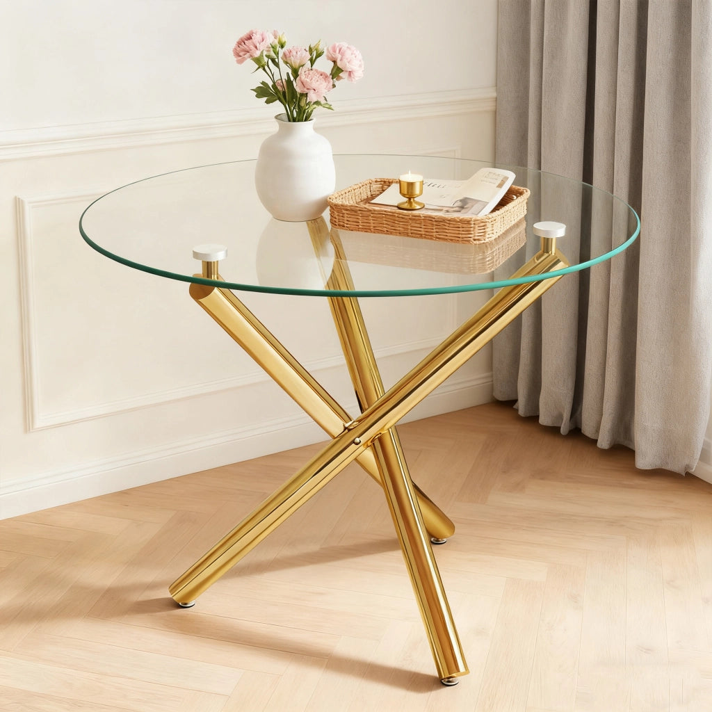 Tavolo da pranzo rotondo in vetro temperato gambe dorate 80x80x76 cm stile minimalista moderno