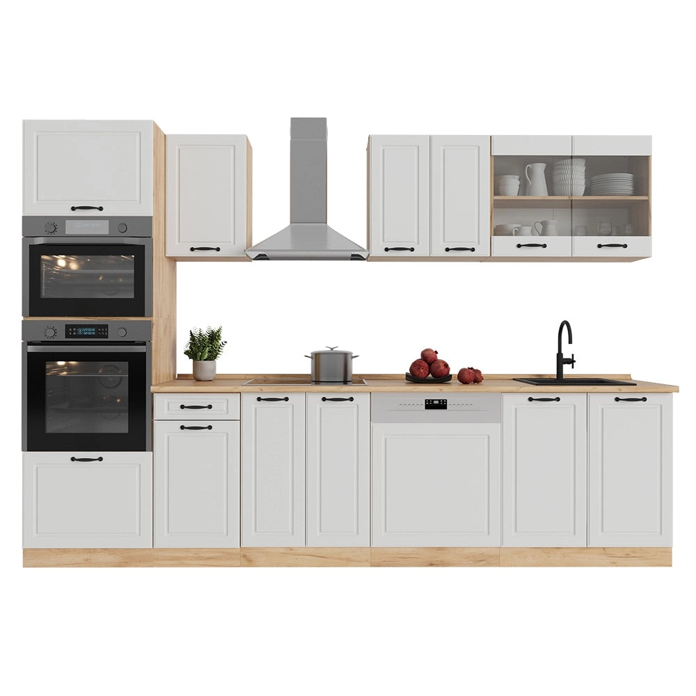 Cucina componibile R-Line Bianco rustico/Rovere dorato 300 cm con armadio alto, PL Rovere Vicco
