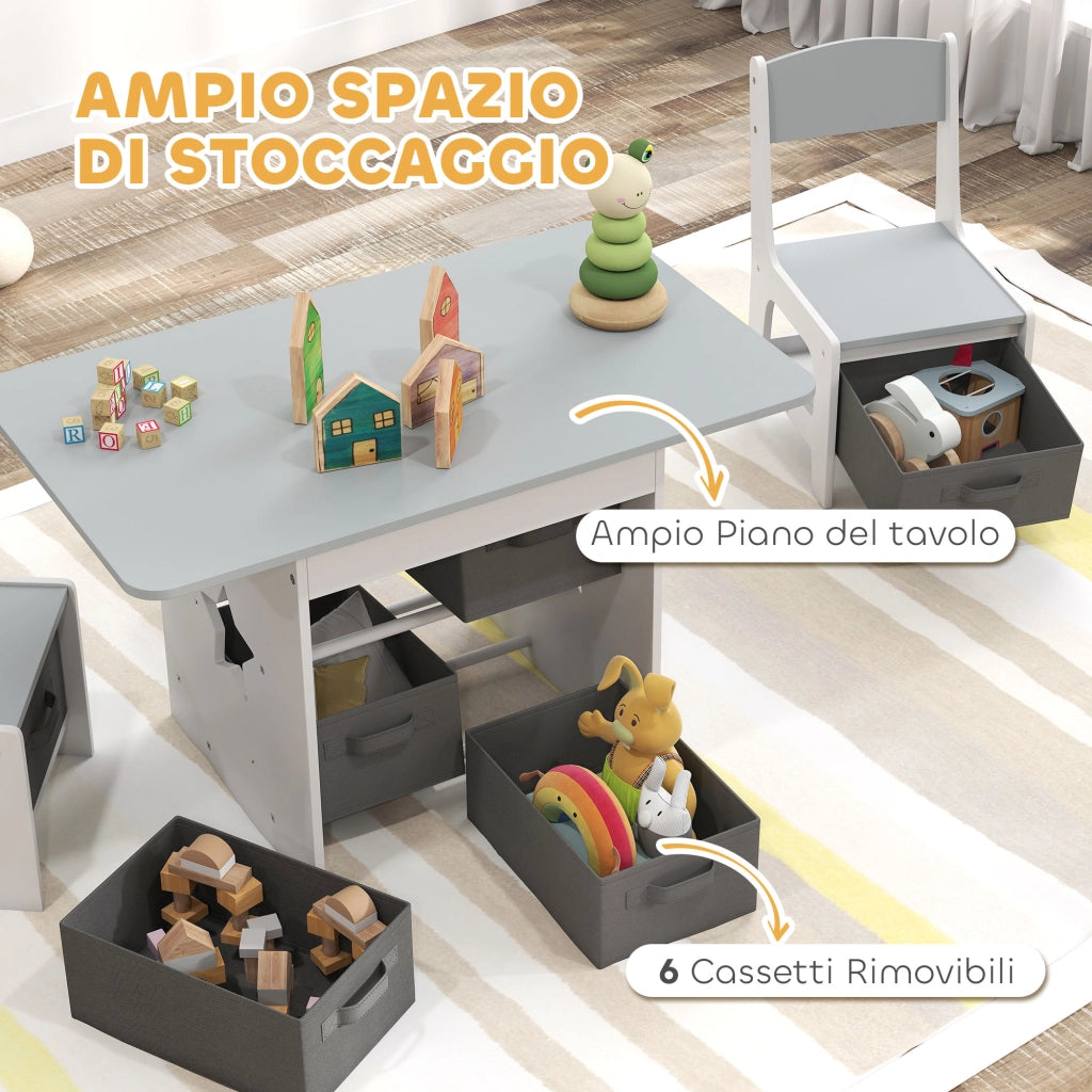 Set Tavolo e Sedie per Bambini 3-8 Anni con 6 Cassetti e Bordi Arrotondati in Legno e Tessuto Grigio e Bianco