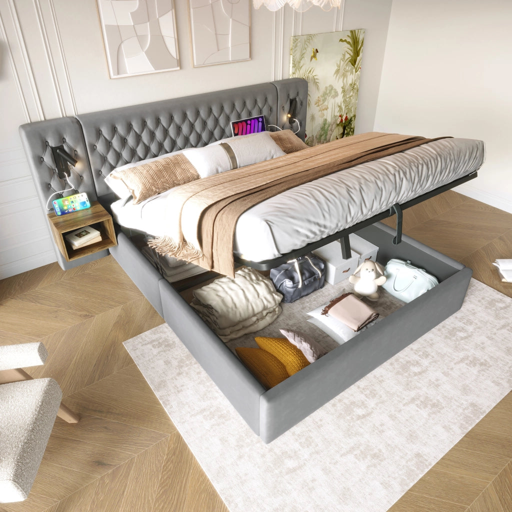LETTO Contenitore 180x200 cm in Velluto Grigio con 2 comodini e USB