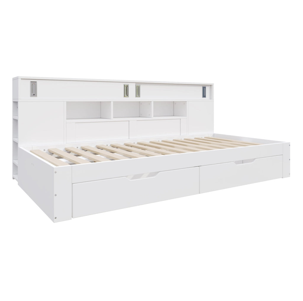 Letto giorno singolo 90x190 cm con 2 cassetti; armadio e ripiani; bianco