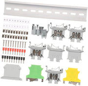 Impianto di connessione din-rail con set di viti, morsetti di terra, salti di rete fissa, estremità, estremità di fissaggio e striscia di marcatura
