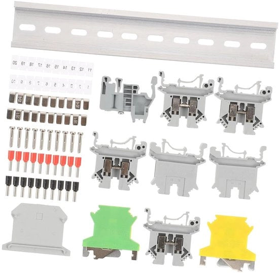Impianto di connessione din-rail con set di viti, morsetti di terra, salti di rete fissa, estremità, estremità di fissaggio e striscia di marcatura