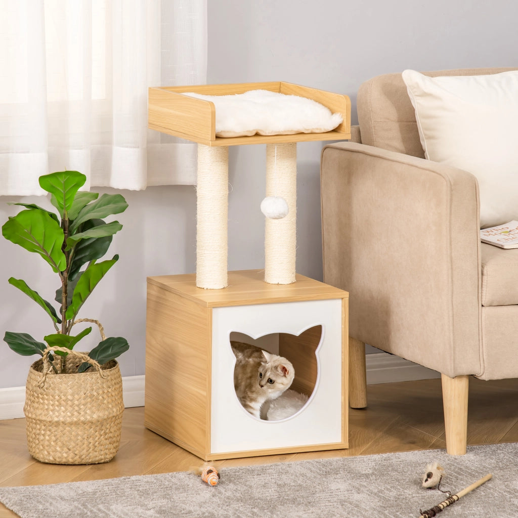 Casetta per Gatti con Pali Tiragraffi in Sisal, Cuscini Lavabili e Pallina ¨C zephmum ¨C Quercia 35x35x81cm