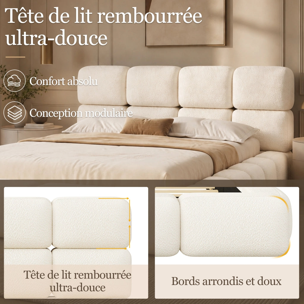 Letto matrimoniale imbottito 180x200 cm design nuvola con testiera imbottita e rete a doghe; bouclé bianco
