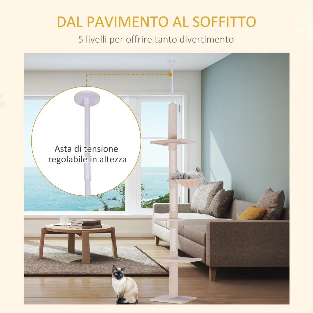Tiragraffi per Gatto a Soffitto con Amaca ¨C Minimal ¨C 40x34x230-260cm Beige