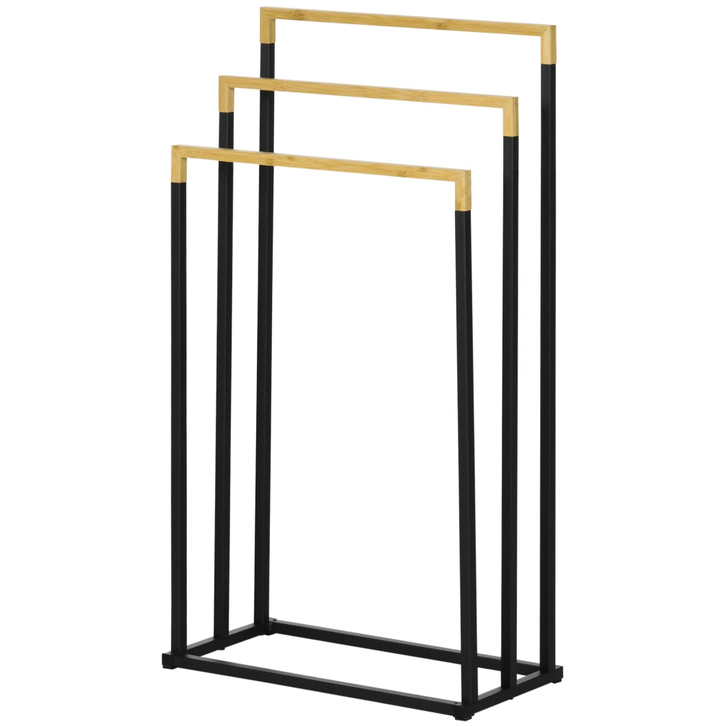 Portasciugamani a Terra con 3 Barre ¨C Xylo ¨C Bamb¨´ e Acciaio Nero 45x22,5x86 cm