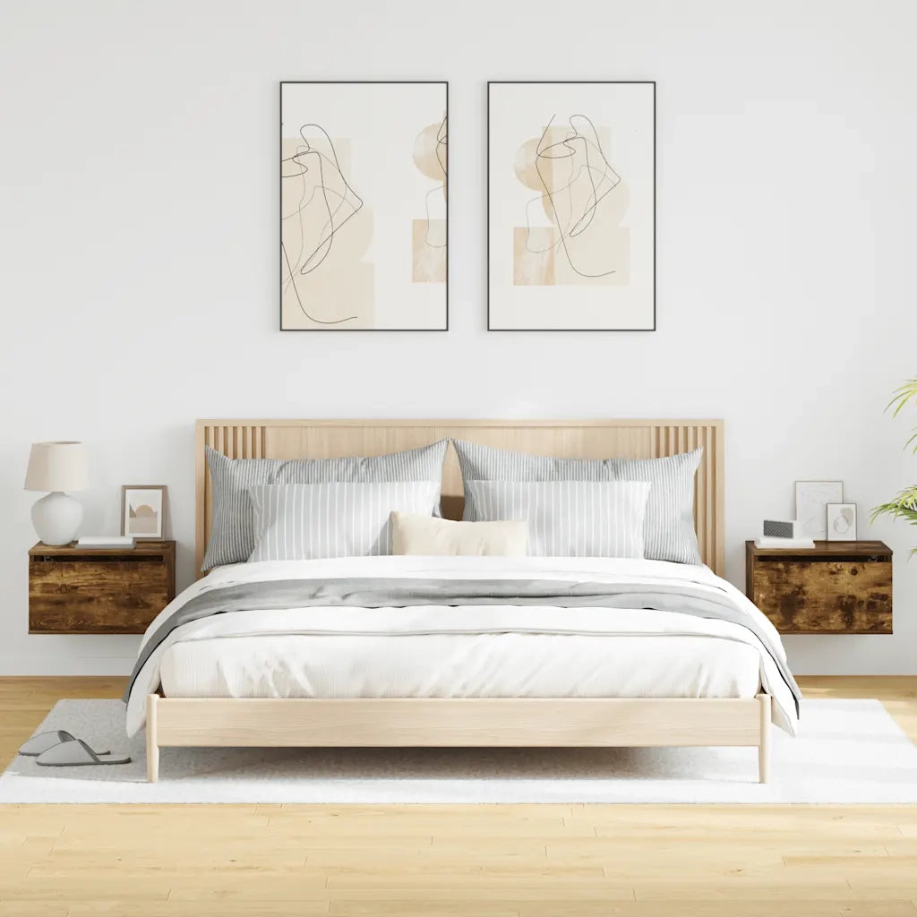 Set di 2 Comodini | Armadio da Notte | Mobiletto da notte a Parete con luci LED Rovere Fumo