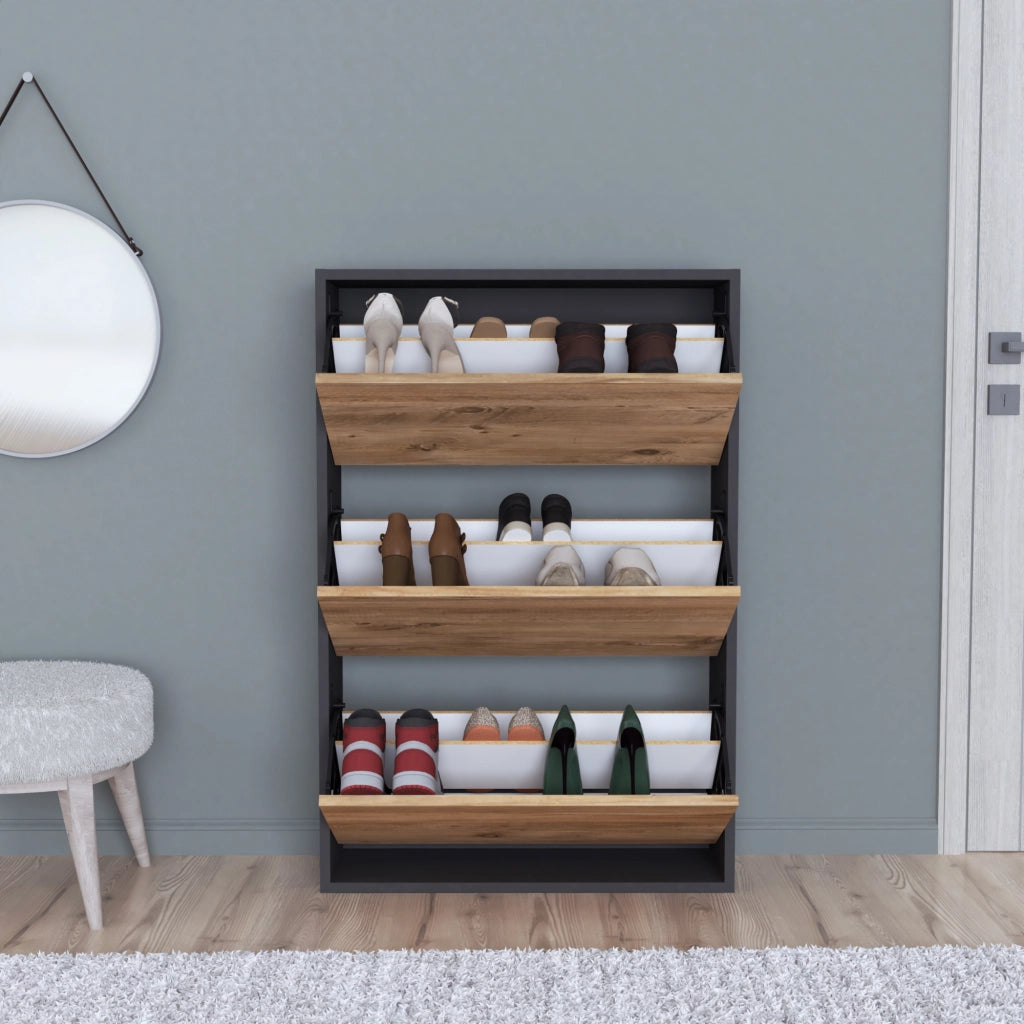 Scarpiera Salvaspazio Slim con 3 Contenitori Ribaltabili Portascarpe Stretto da Ingresso Capienza 18 Paia 110 x 73,5 x 24 cm - Antracite / Effetto Rovere [en.casa]
