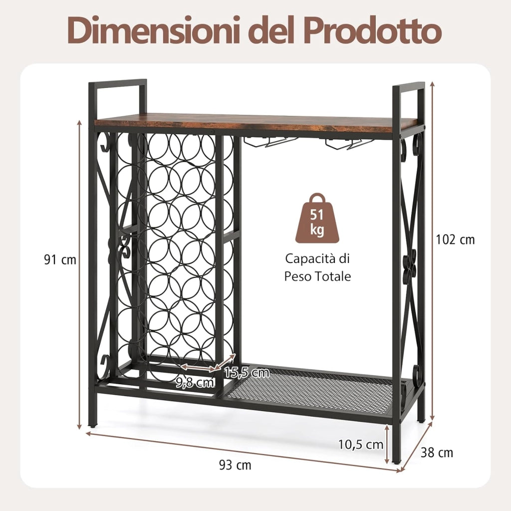Portabottiglie da Terra per 21 Bottiglie, Portabottiglie da Vino con Supporto per Bicchieri, Piano in Legno e Mensola per Stoccaggio, Struttura Metallica，per Cucina e Bar (Marrone)