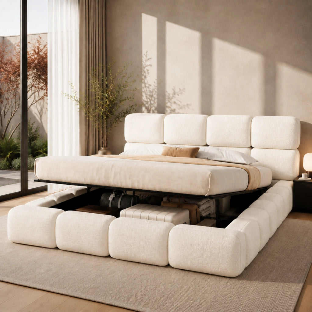 letto imbottito bouclé bianco 200 x 200 cm